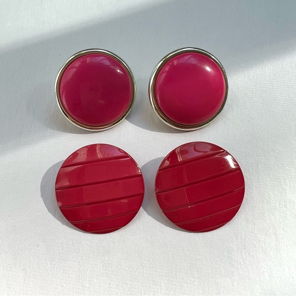 Vintage Set of 2 Pair Hot Pink Statement Earrings 1980s - Picture 1 of 3